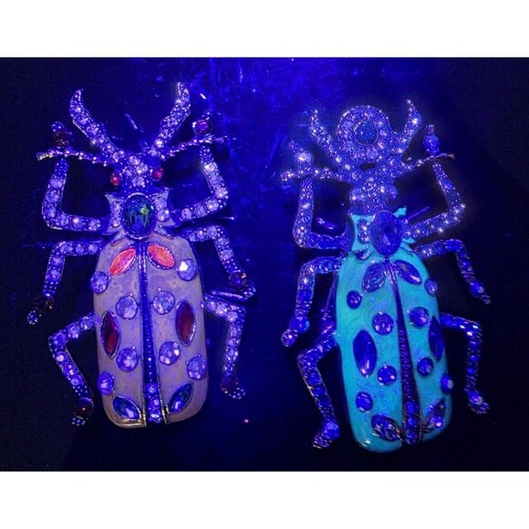 Beetle Scarab Brooches Lot of 2 Teal‎ Yellow Enamel Rhinestones Gold Tone Egypt - Picture 2 of 8